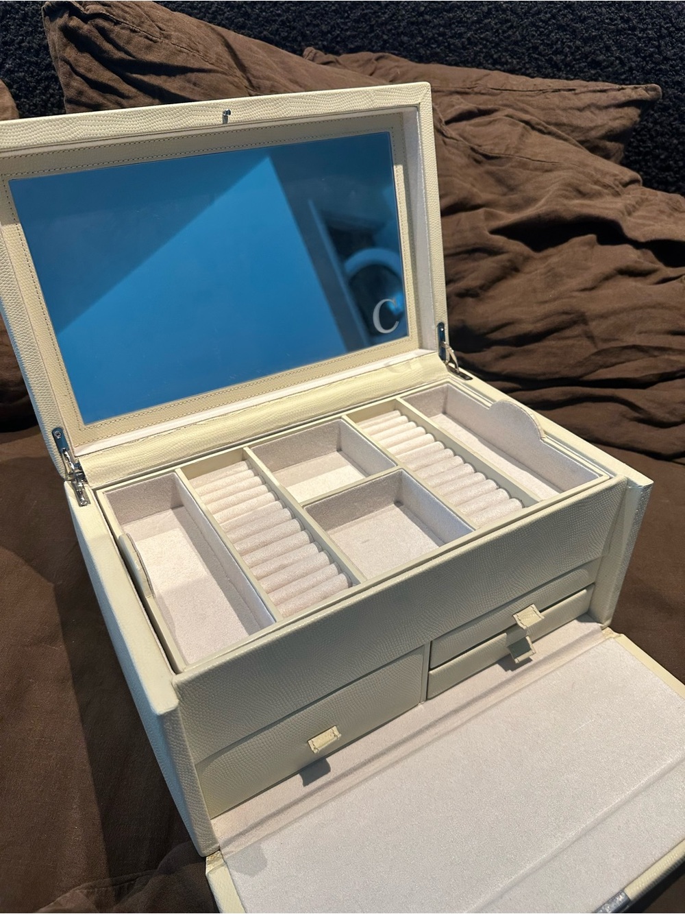 Pottery Barn McKenna Ivory Jewelry Box with Mirror & Multiple Compartments